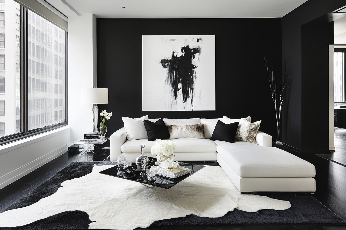 A Modern Edge with Jet Black and Pristine White Wall Colour Combination for Hall