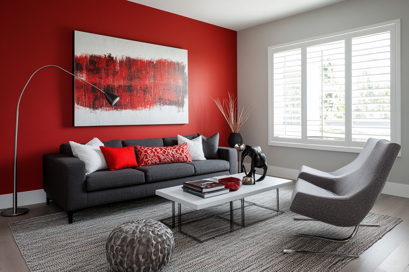 Contrast and Cohesion with Red and Grey Wall Colour Combination for Living Room