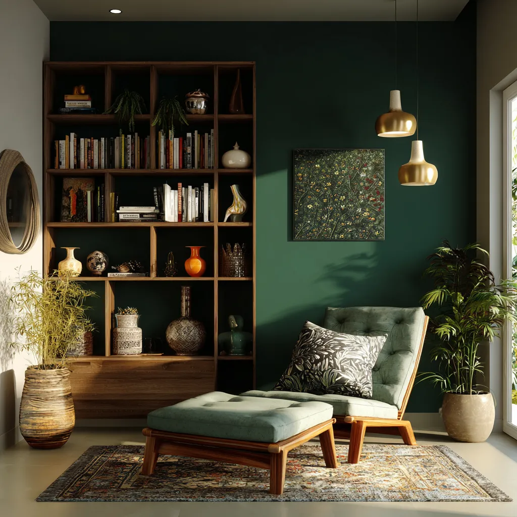 Emerald Accent Behind the Bookshelf- Accent Wall Colour Idea for Living Room