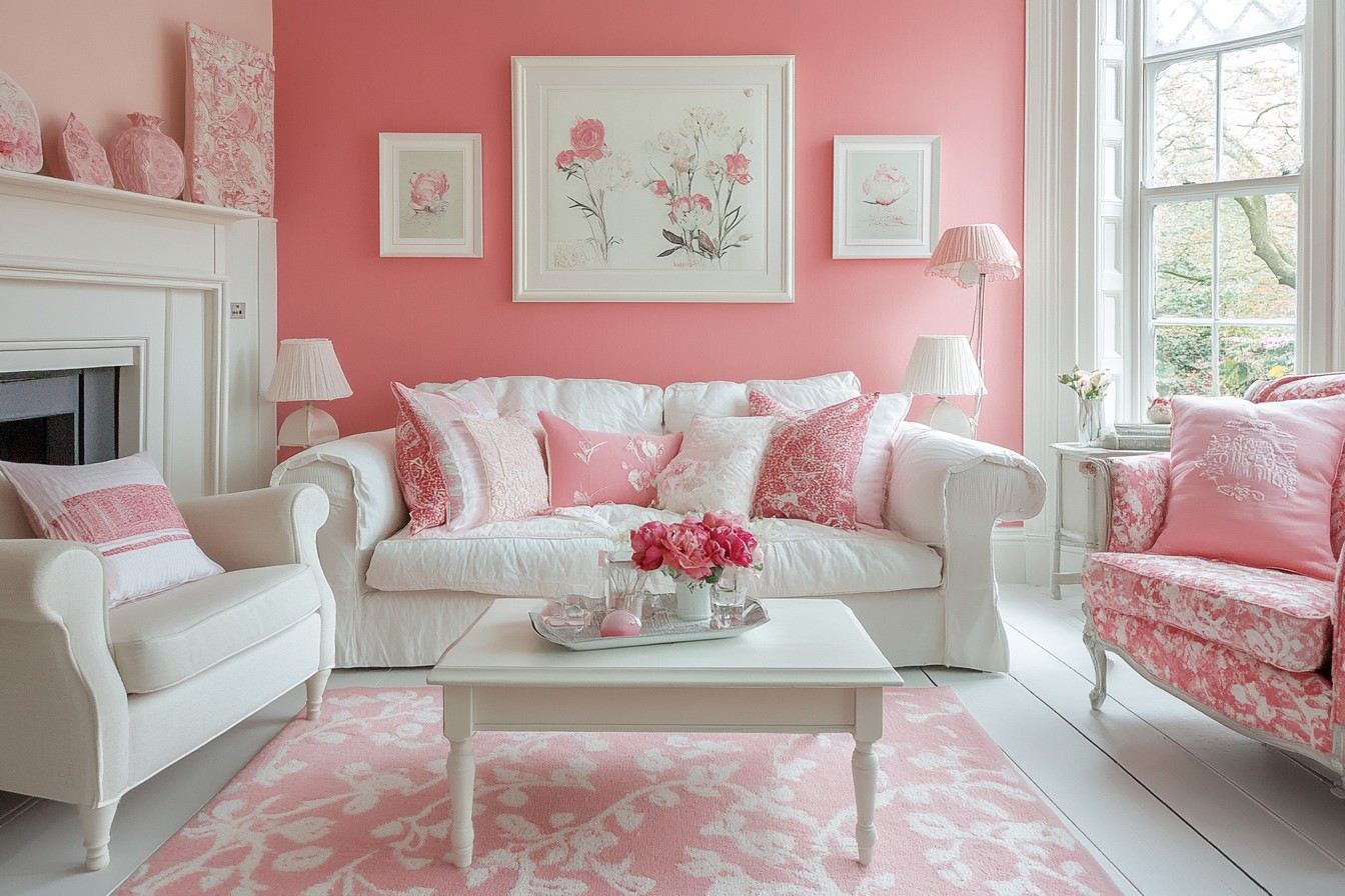 Fresh and Inviting Pink and White Colour Combination for Living Room Walls