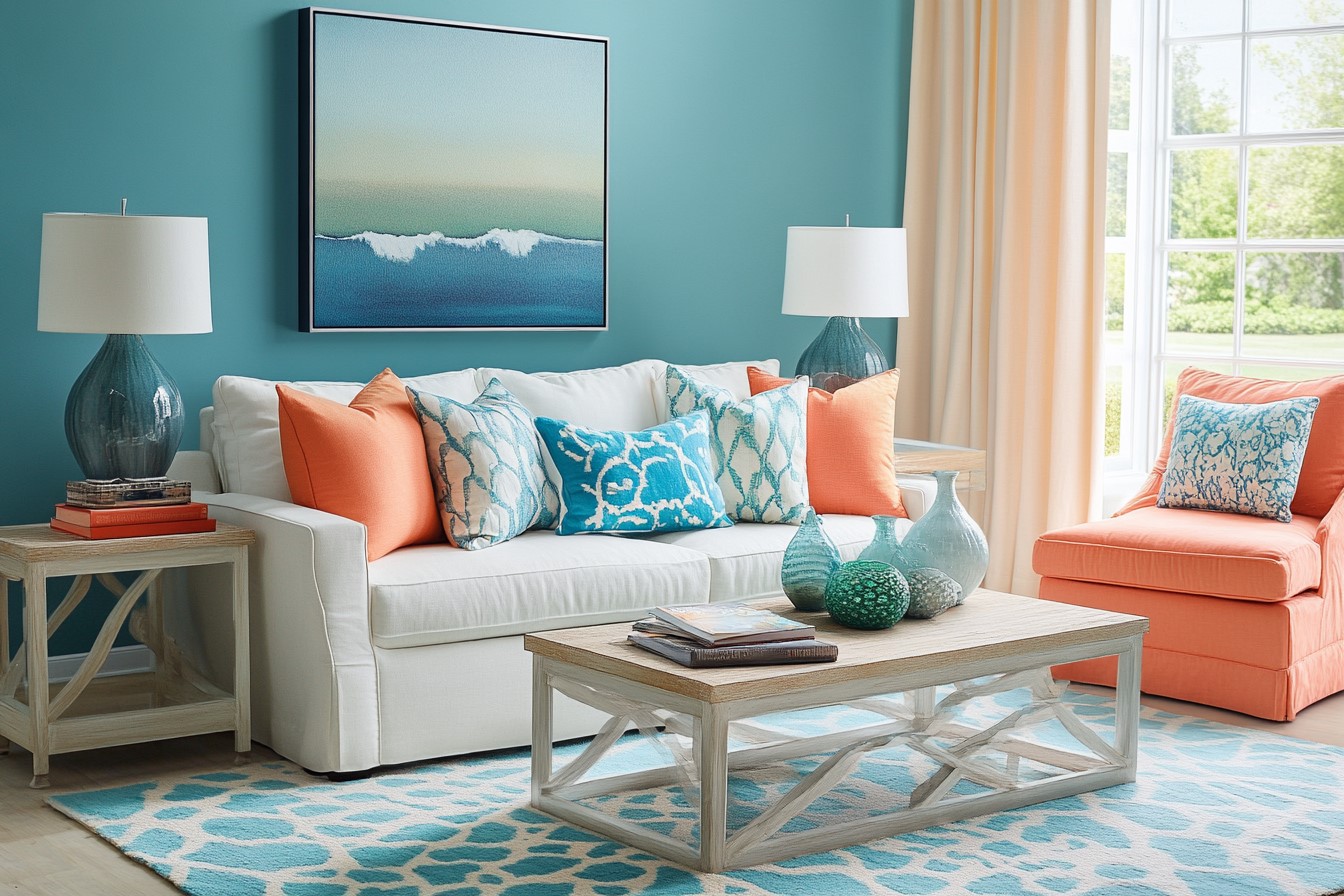 Fresh Makeover with Cerulean and Peach Living Room Wall Paint Colour Combination