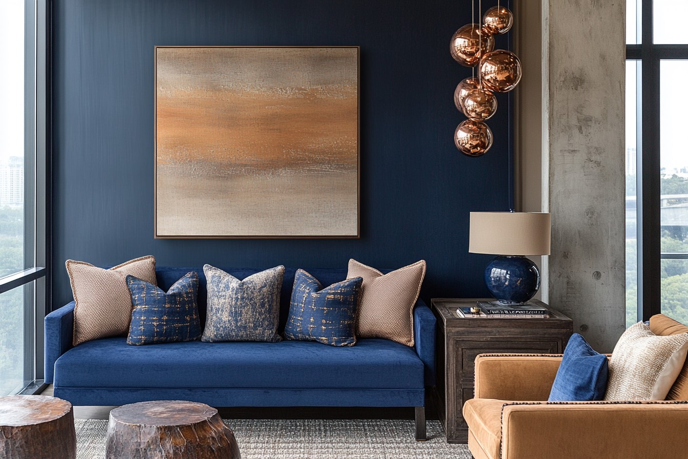 Industrial Look with Indigo, Copper, & Tan Wall Colour Combination for Hall