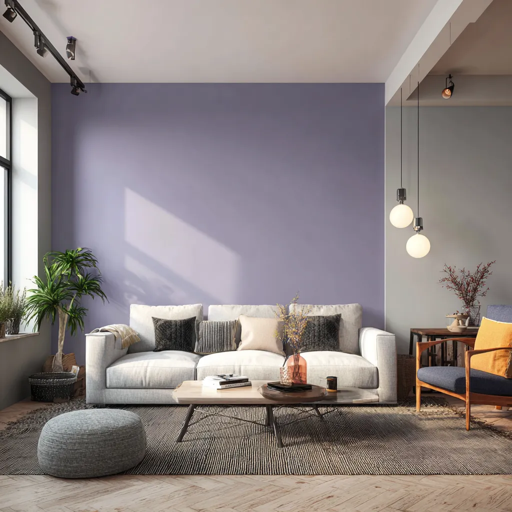 Lavender and Pale Grey Colour Combination for Living Room