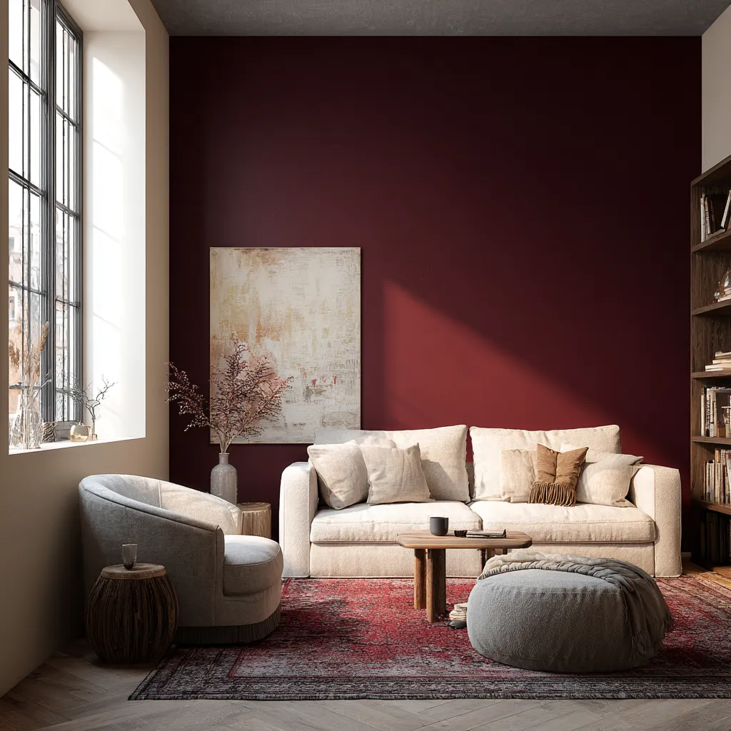 Maroon and Ivory Colour Combination for Living Room