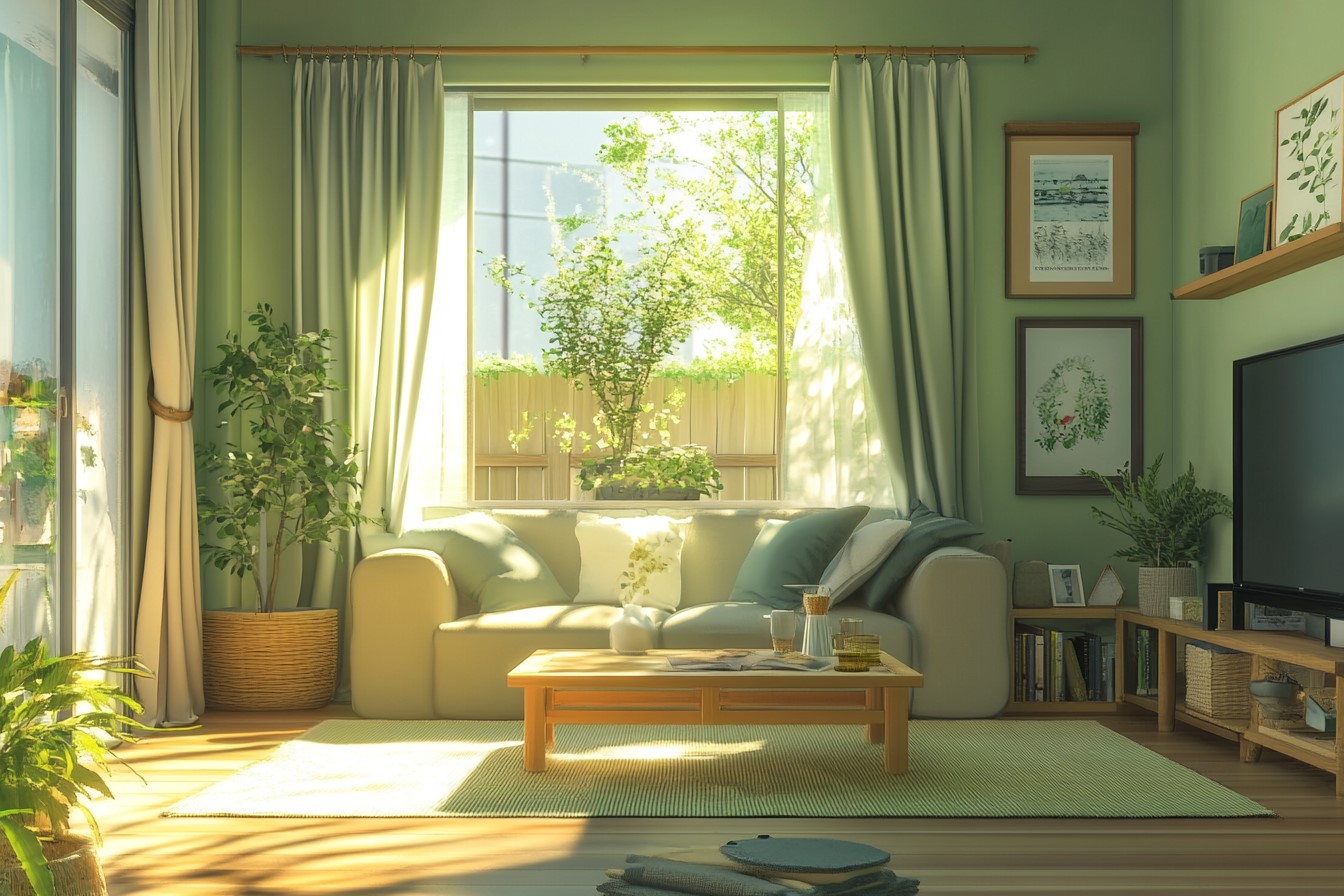 Nature Meets Neutrality with Green and Beige Living Room Colour Combination