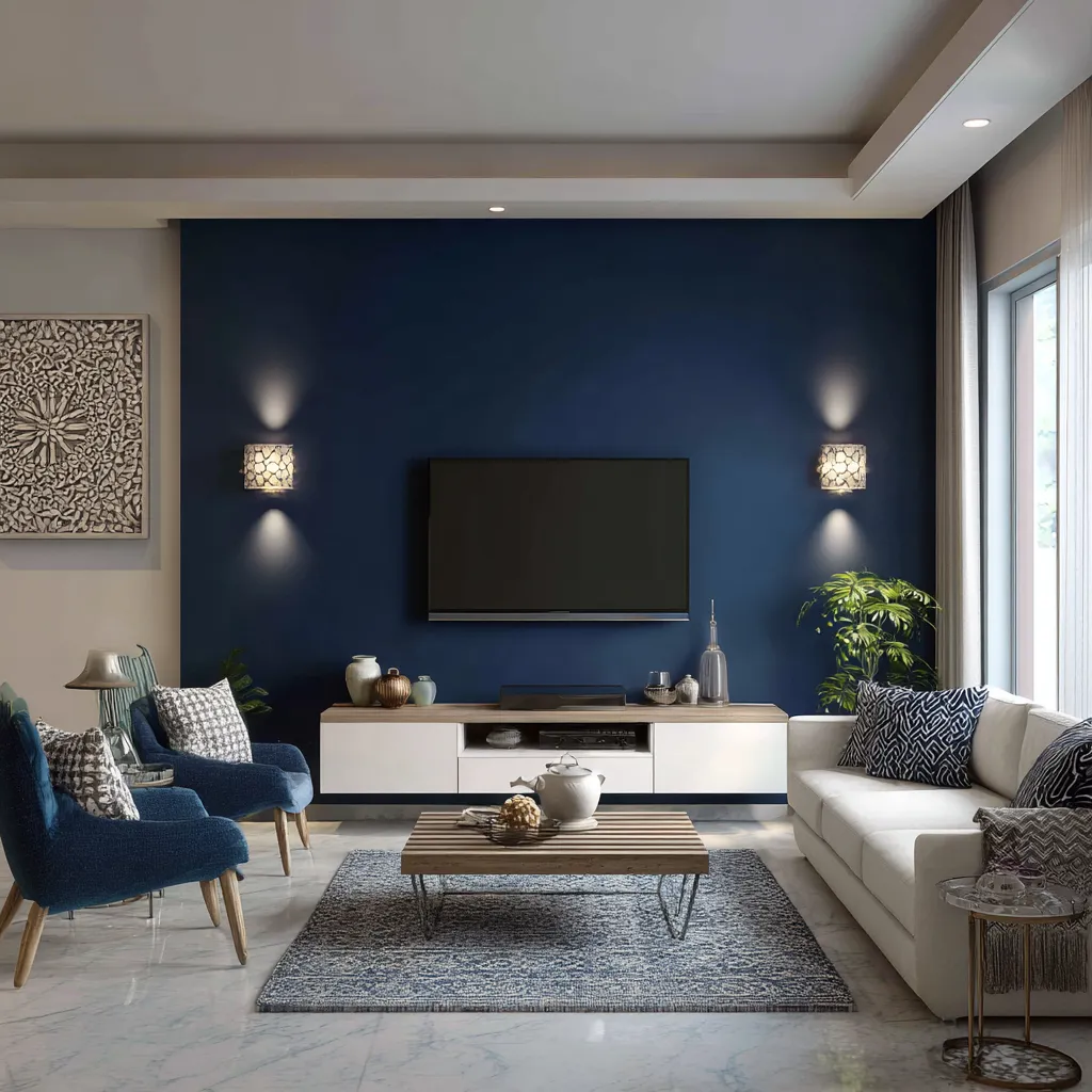 Navy Blue Behind the TV- Accent Wall Colour Idea for Living Room