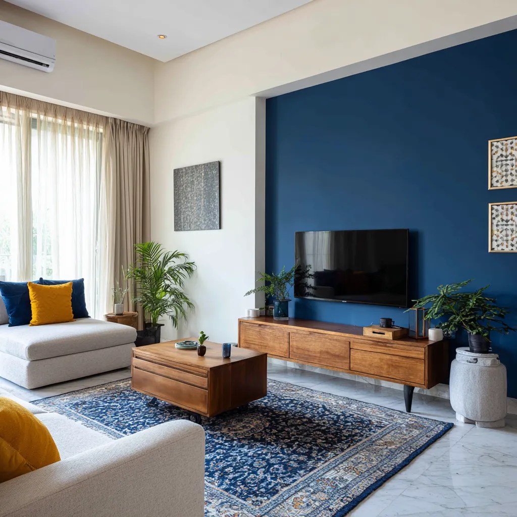 Off-white and Navy Blue Wall Colour Combination for Living Room