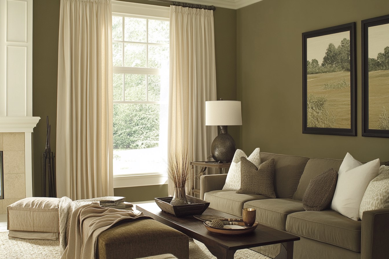 Olive Green and Modern Taupe Wall Colour Combination for Living Room