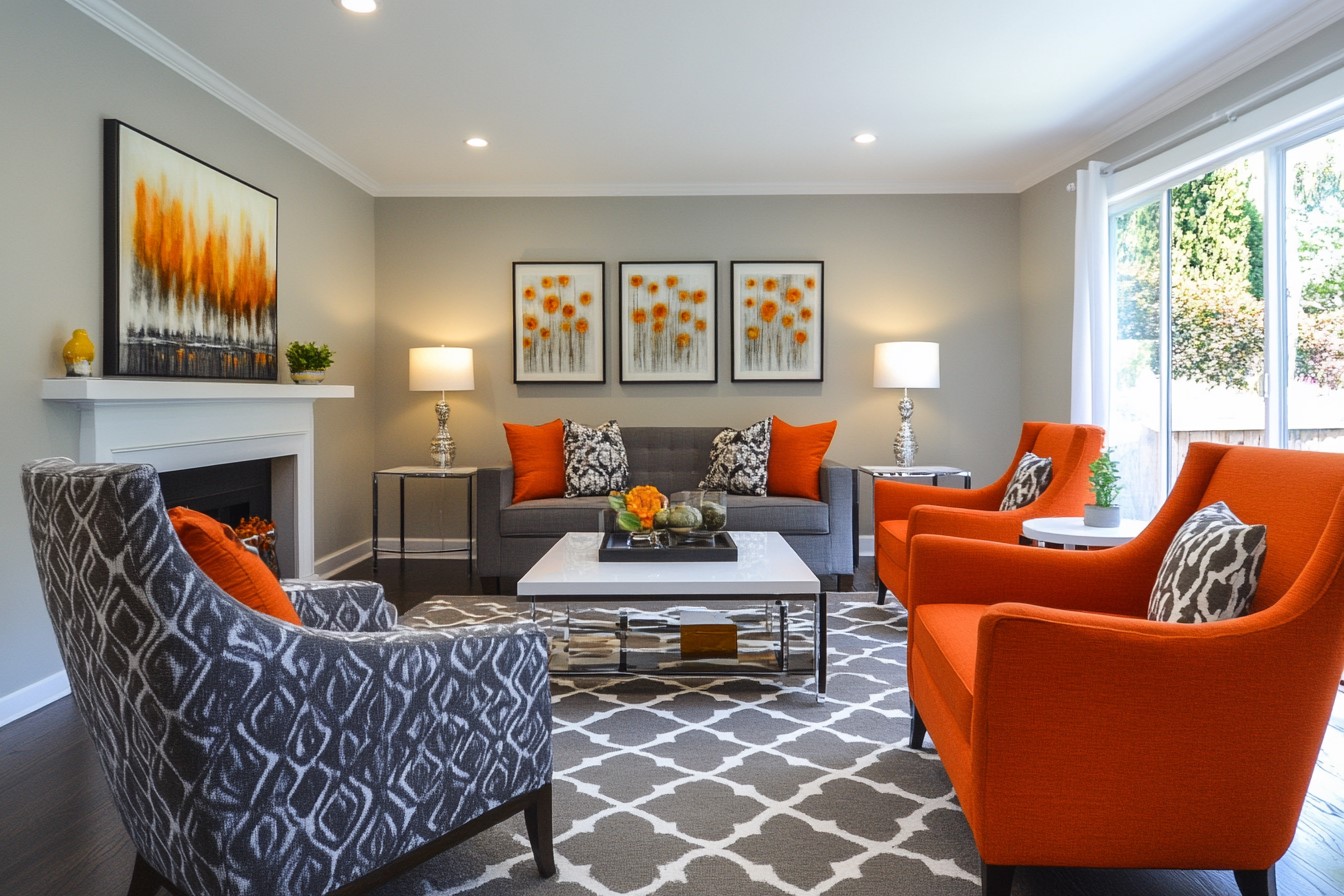 Orange, Grey and White Wall Colour Combination for Hall