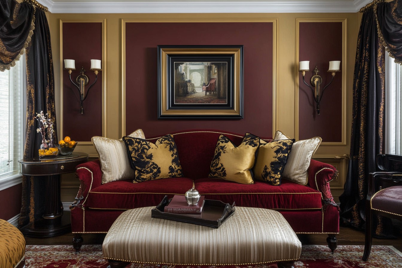 Rich Looking with Burgundy and Gold Wall Colour Combination for Hall