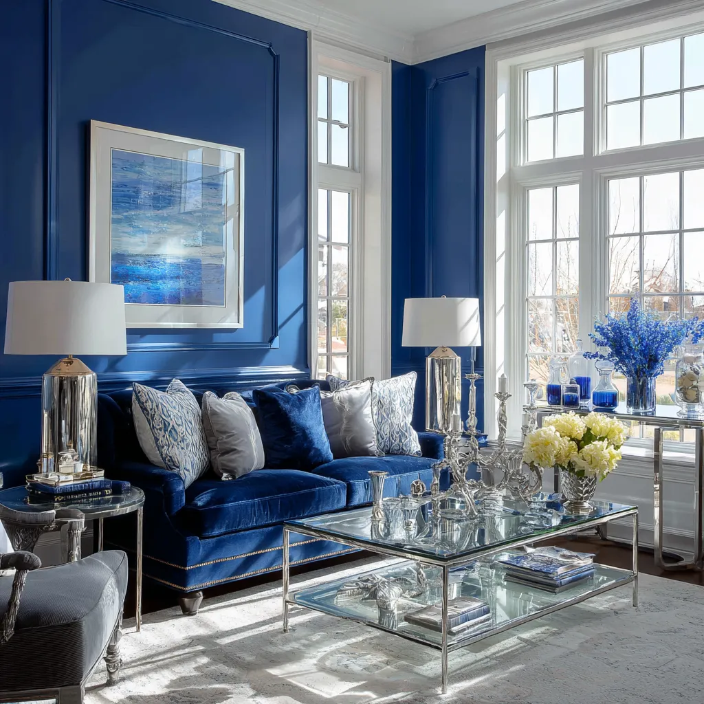 Royal Blue and White Colour Combination for Royal Living Room