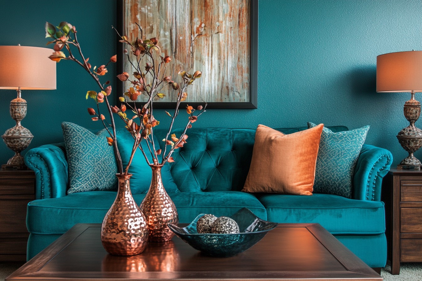 Sophisticated Amalgamation of Teal and Copper Paint Colour Combination for Hall