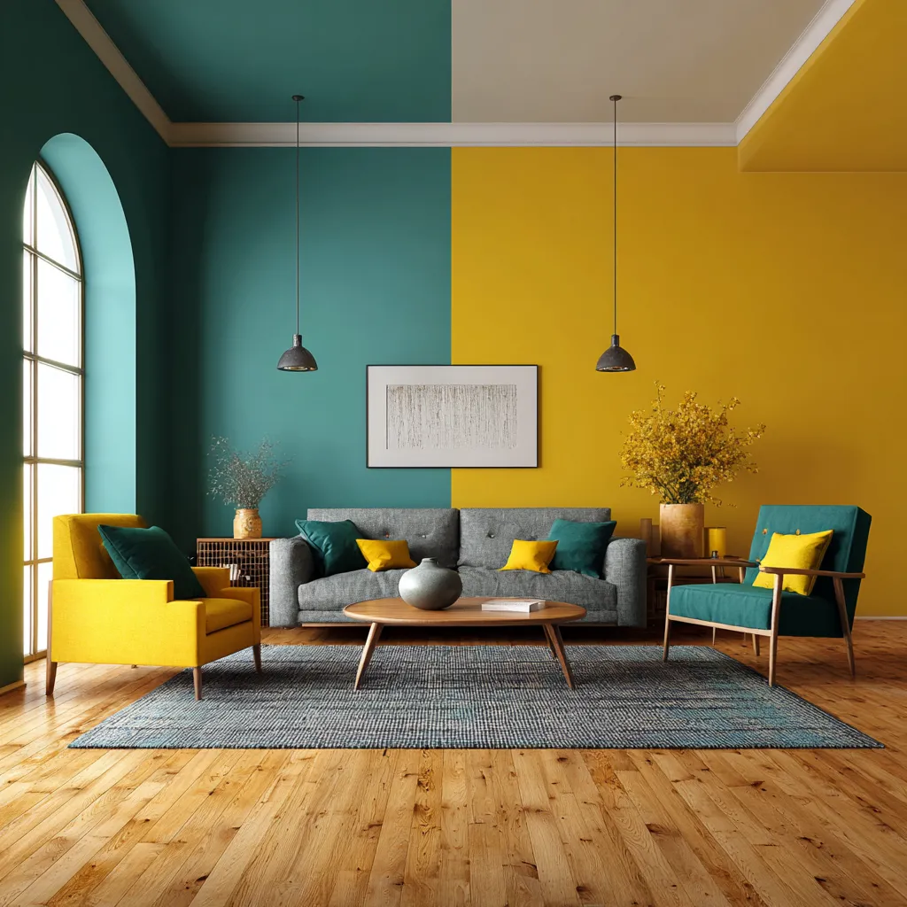 Unique Teal and Mustard Colour Combination for Living Room