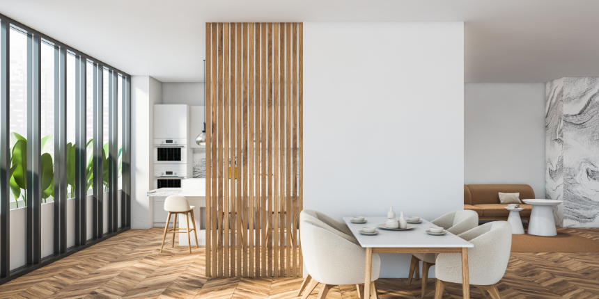Wooden Partition Dining Area Wall Design 