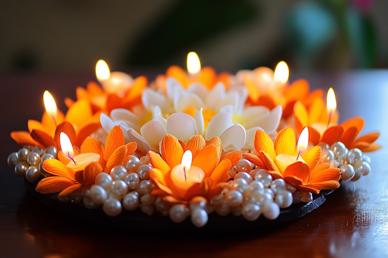 Diya Decoration with Artificial Flowers and Pearls