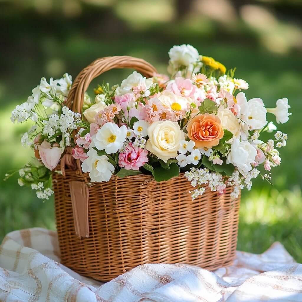 Picnic Basket Flower Arrangement for Outdoor Decoration Ideas