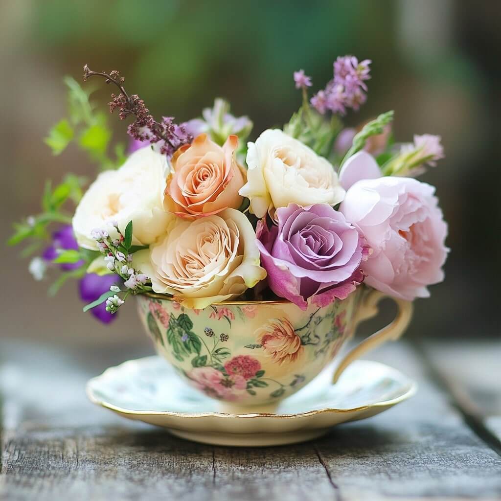 Teacup Flower Arrangement for Cute Flower Decoration at Home