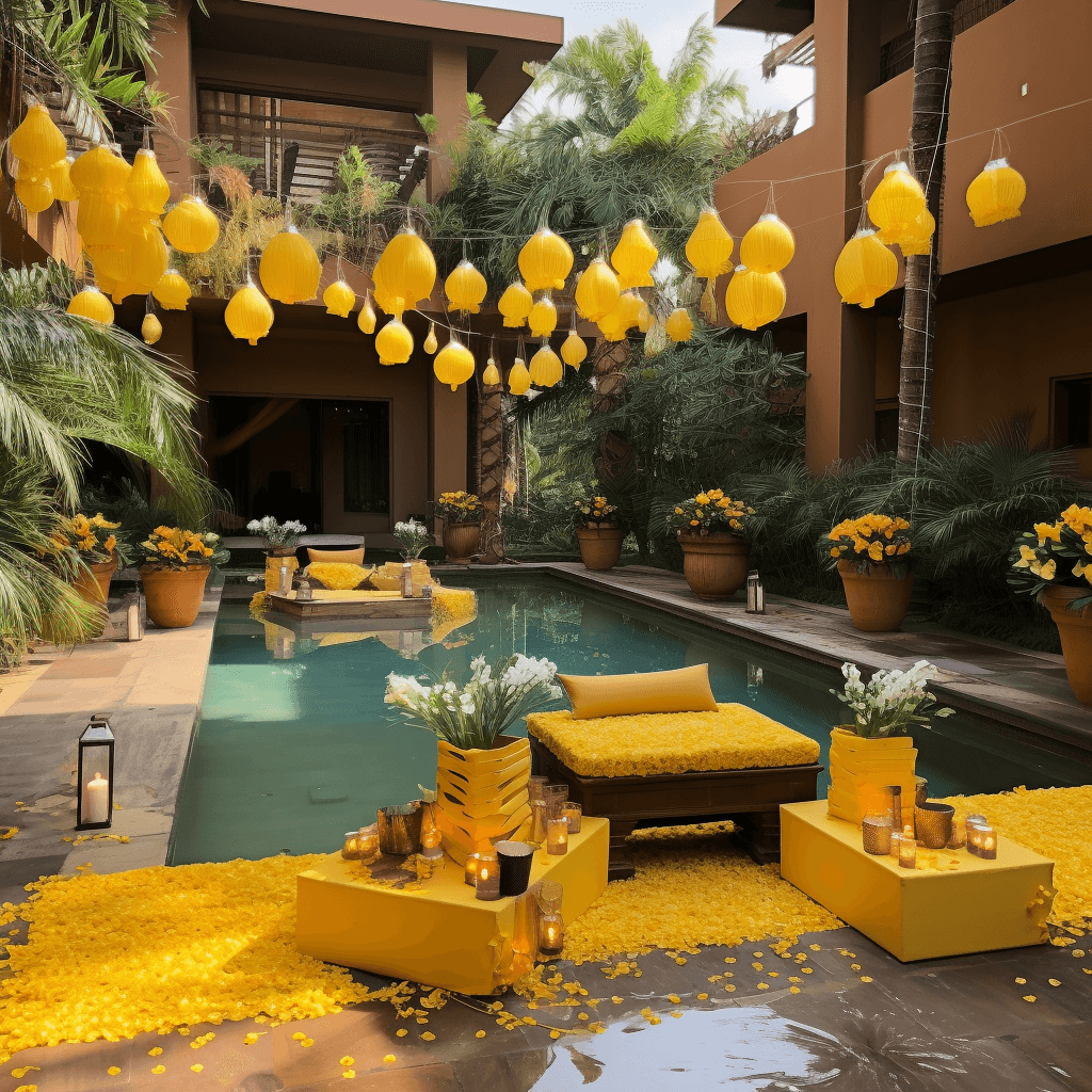 Haldi Ceremony Decoration Around Pool Side at Home