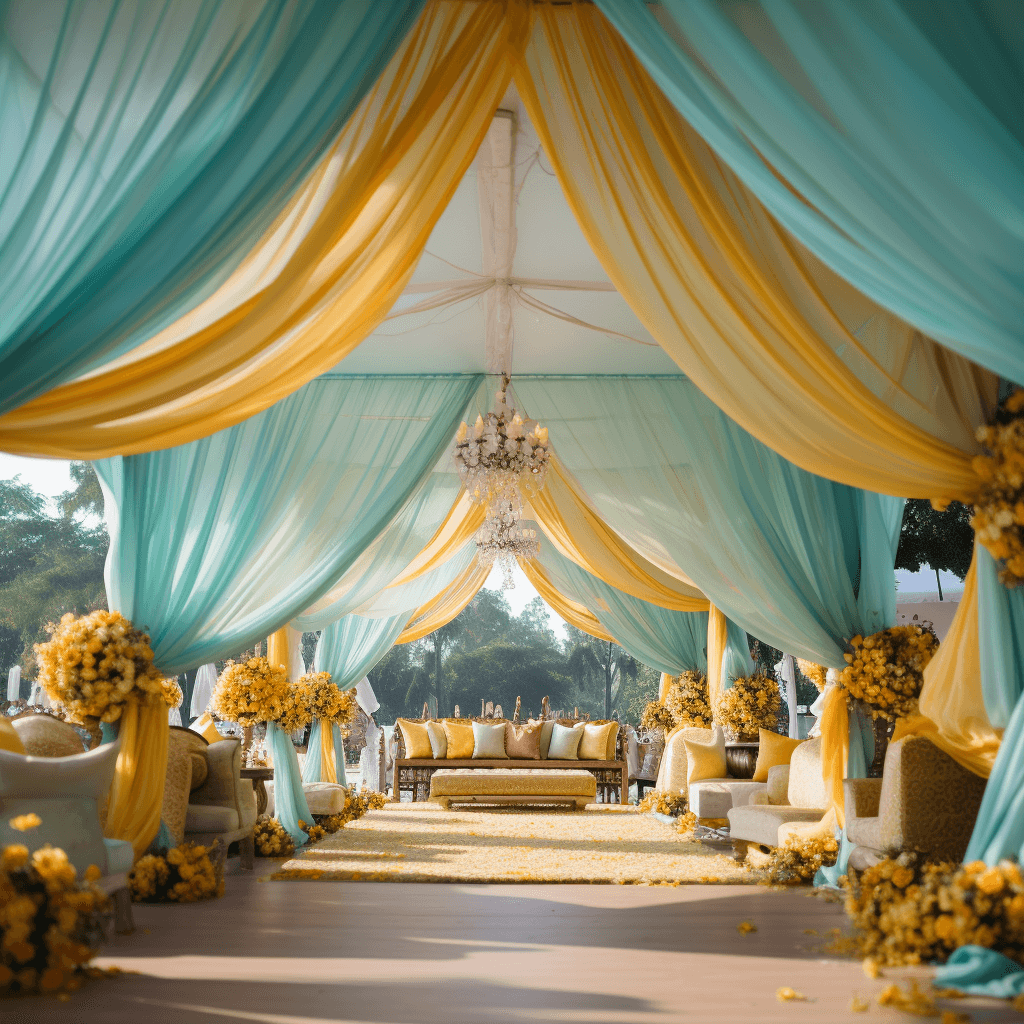 Light Teal And Yellow Colour Tent Over Daytime - Engagement Party Decoration