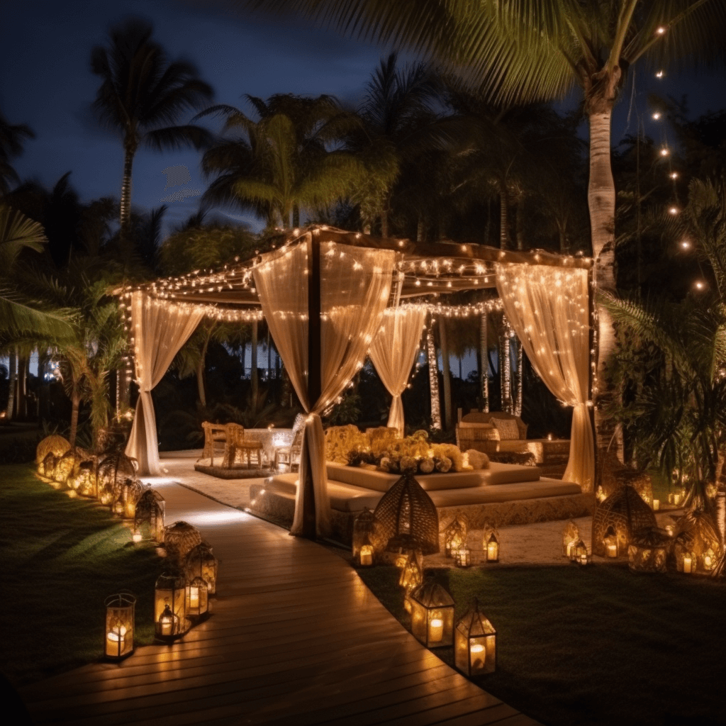 Tent Decorated with Lights During Night Time for Engagement Party