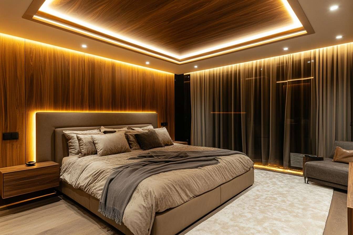 Bedroom Wooden False Ceiling Design with Integrated Lighting