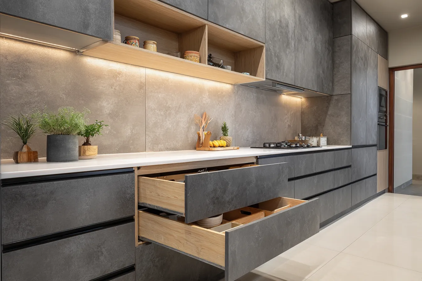 Charcoal Grey and Light Wood- Trending Kitchen Trolley Colour Combination