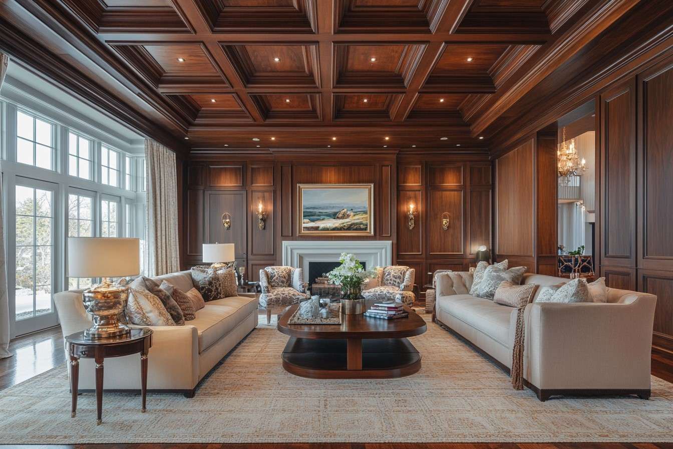 Coffered Wooden Ceiling Design for Living Room