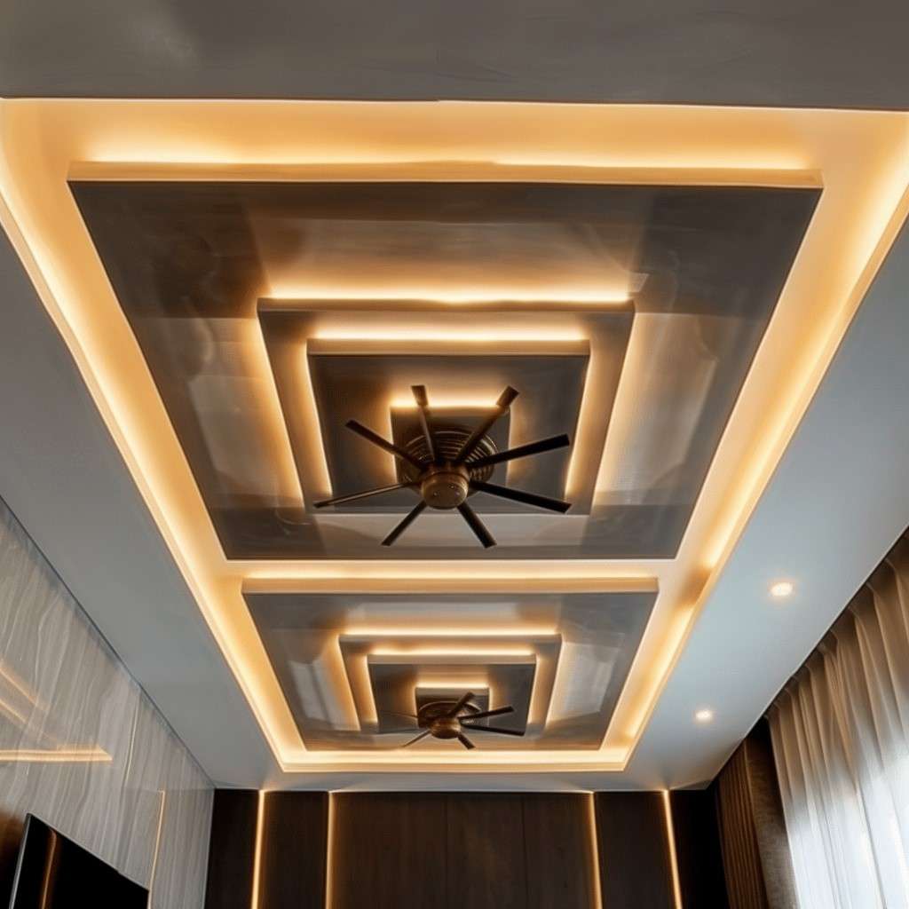 Concentric Squares False Ceiling Design for Hall with Two Fans