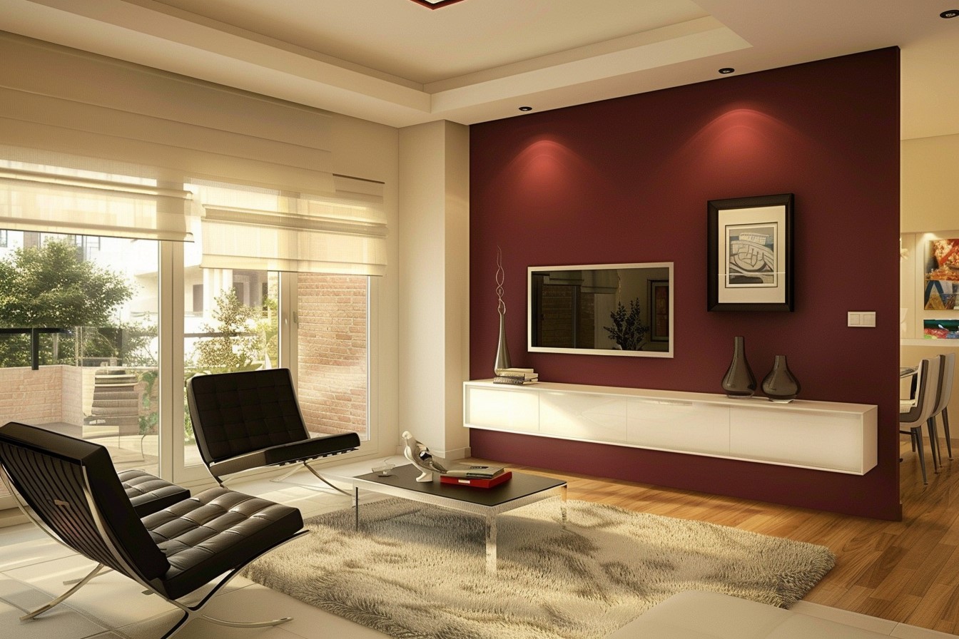 Cream And Maroon Paint Combination For Living Room