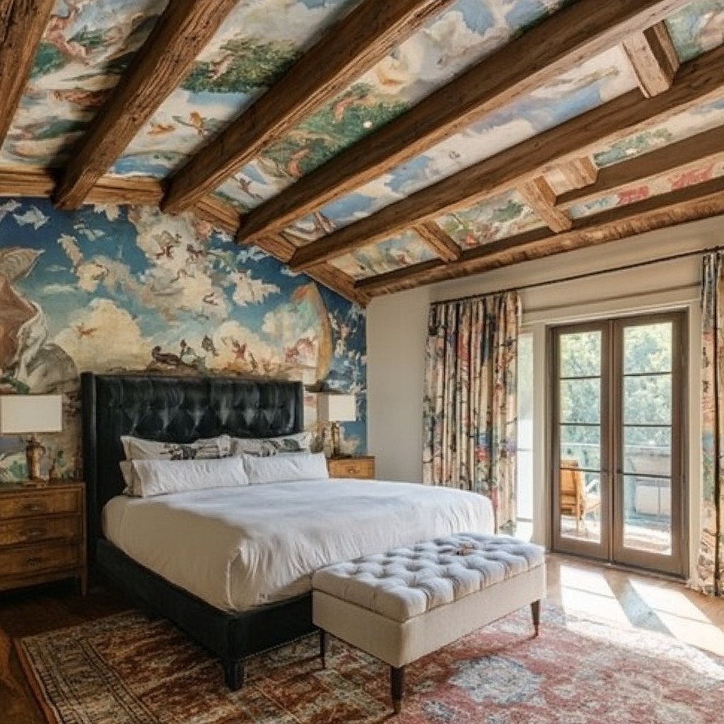 Creative Wooden Ceiling Beams with Mural Design