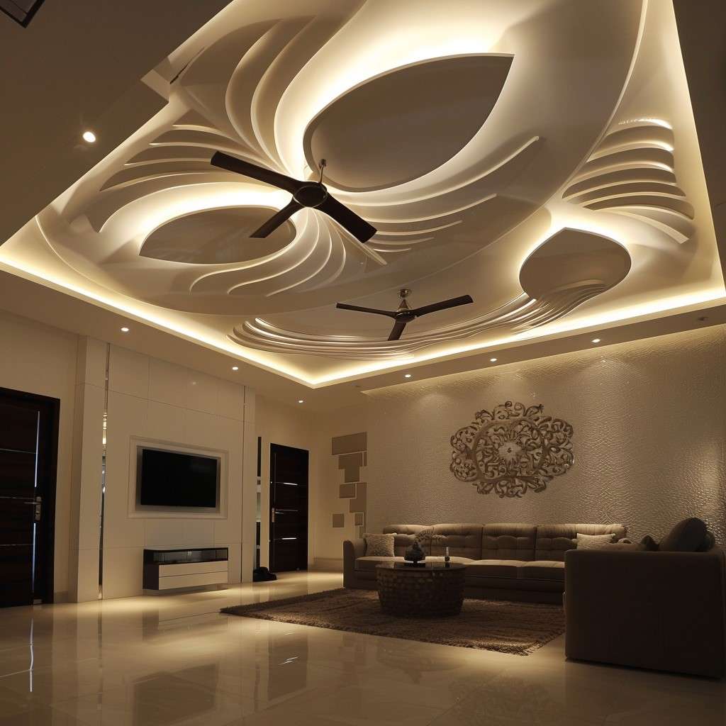 Customised False Ceiling Design for Living Room with Two Fans