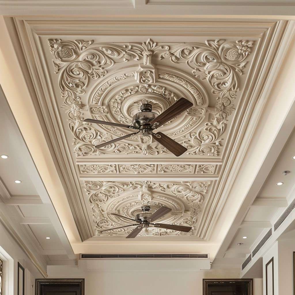 Double Fan Ceiling Design for Hall with Vintage Carvings