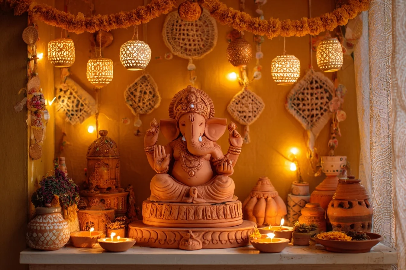Ganesh Chaturthi Decoration Ideas with Curtain of Diyas and Lanterns