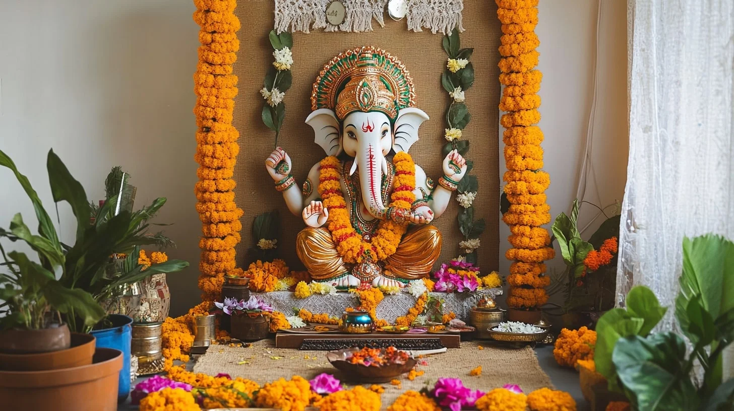 Ganesh Chaturthi Decoration Ideas with DIY Jute and Cardboard Backdrop