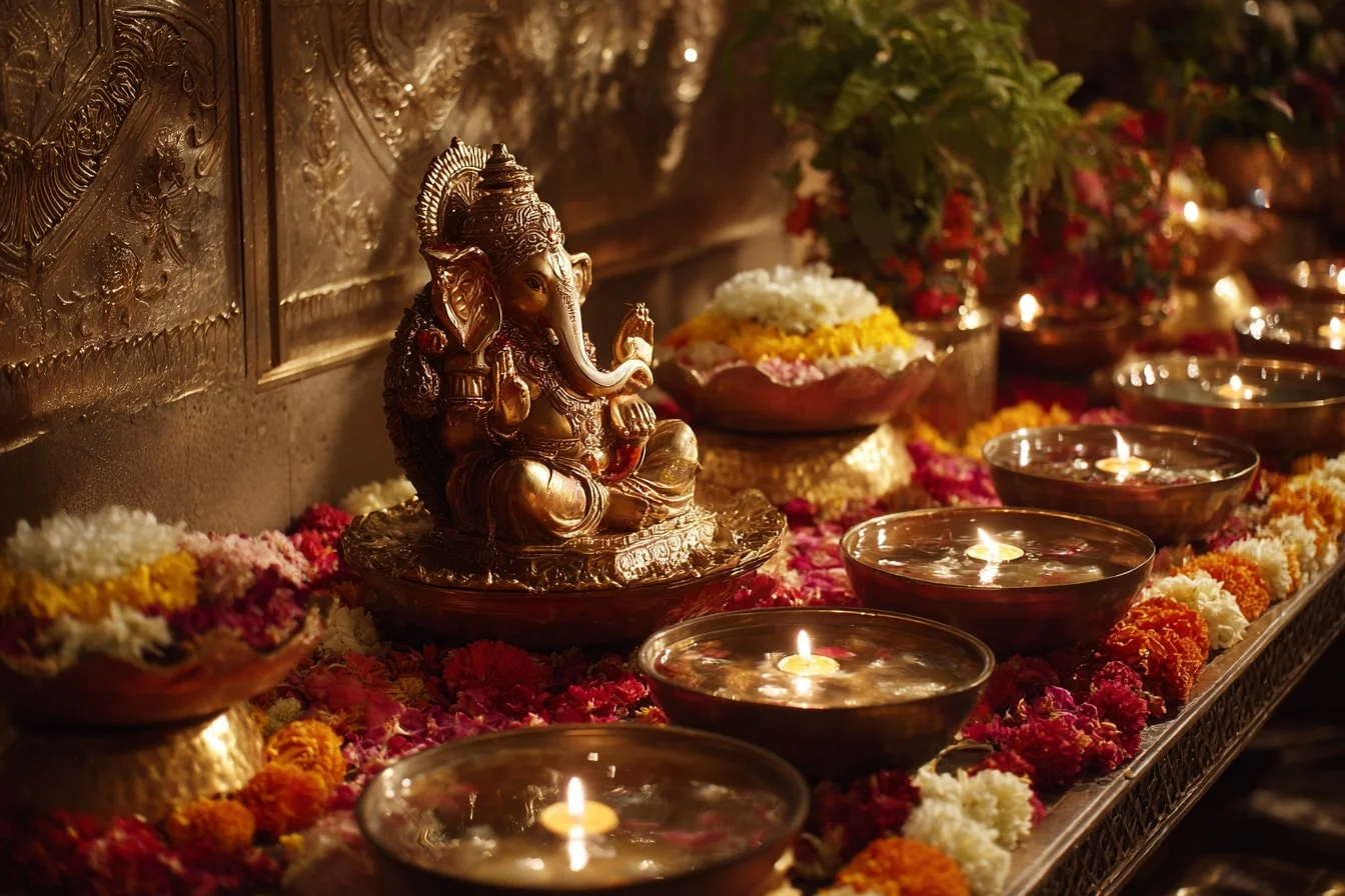Ganesh Chaturthi Decoration Ideas with Floating Candles in Bowls