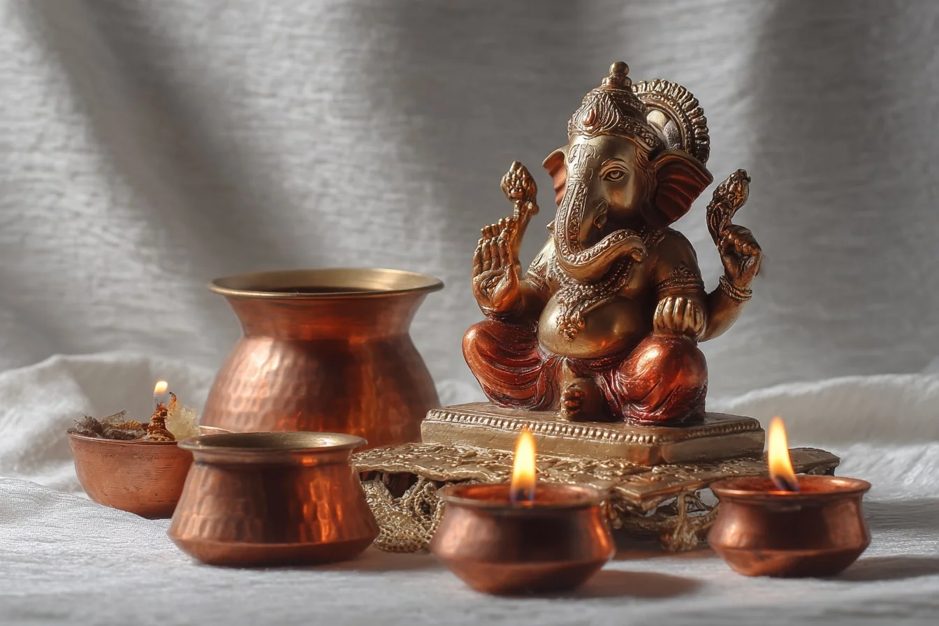 Ganesh Puja Decoration Ideas with Brass Diyas and Copper Pots