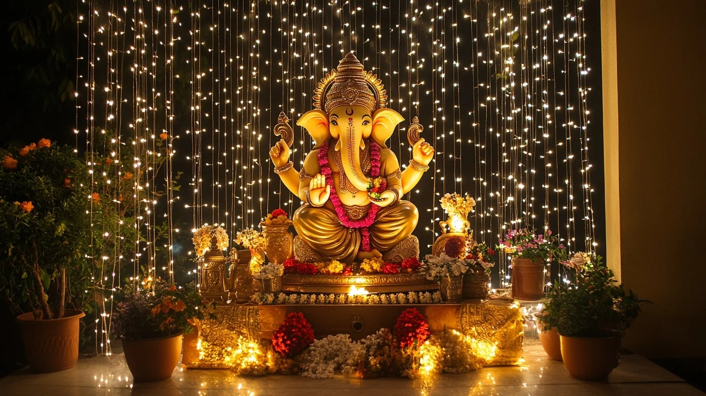 Ganesh Puja Decoration Ideas with LED Focus Lights