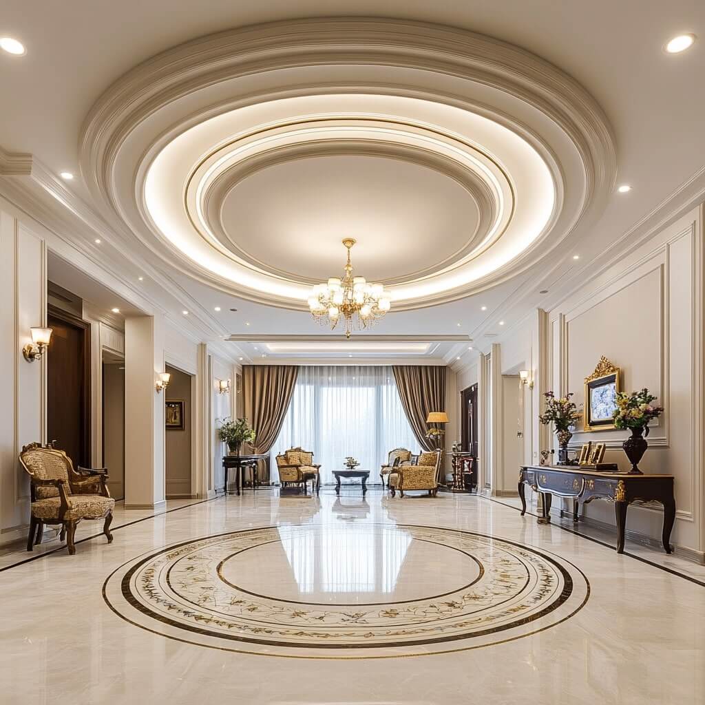 Hall Circular Plus Minus POP Ceiling Design with Recessed Lights