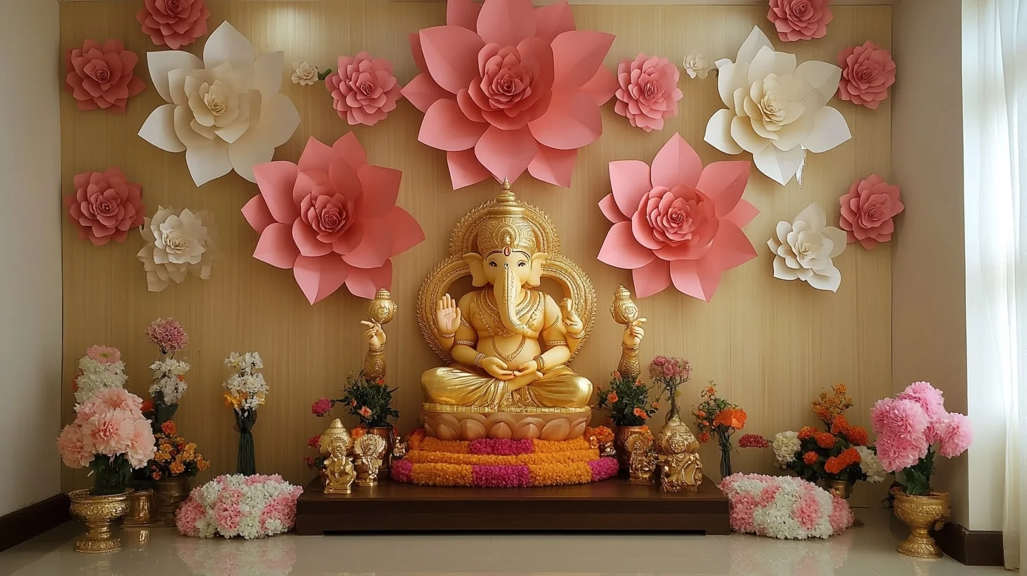 Handmade Ganpati Decoration Ideas with Paper Flower Mandap
