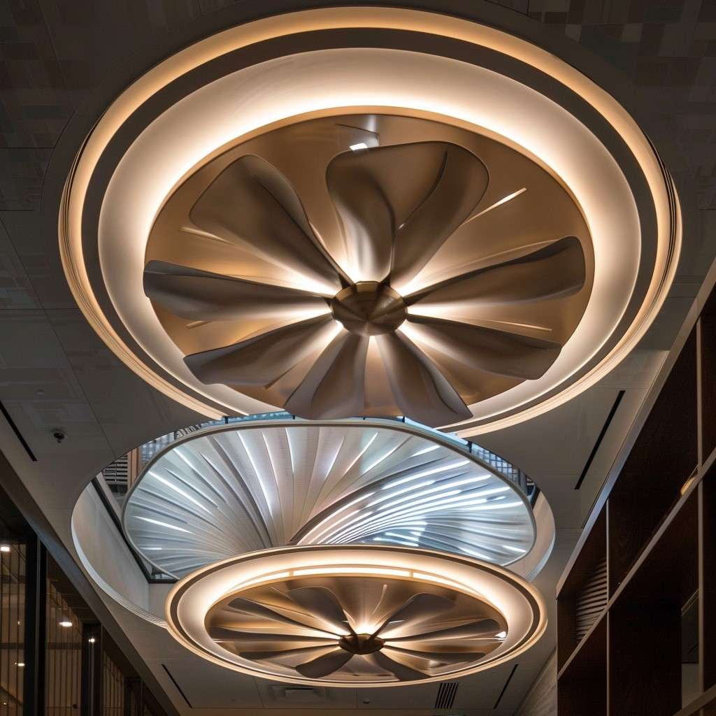 Modern Circular Suspended Main Hall Fall Ceiling Design with 2 Fan