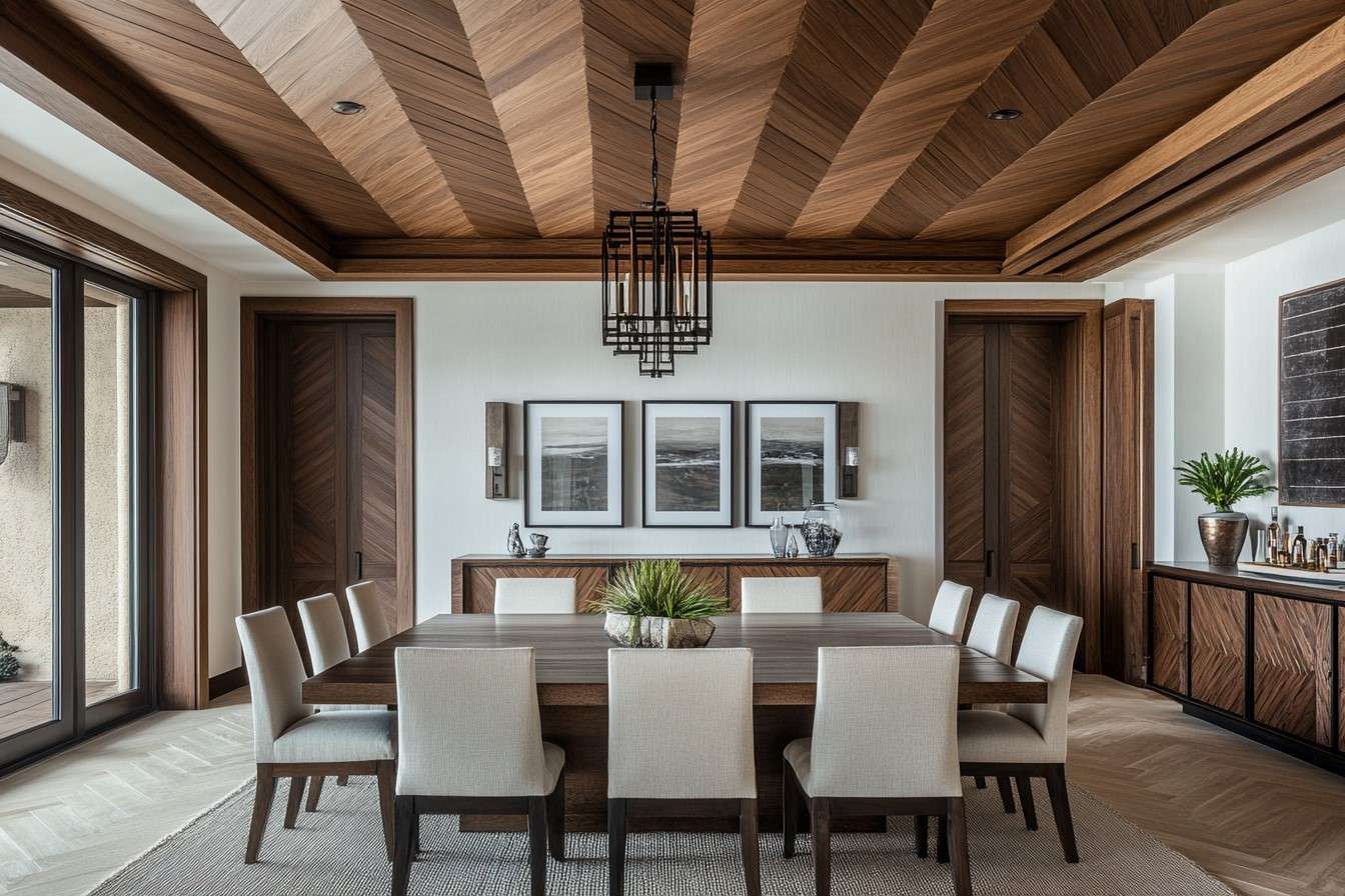 Modern Herringbone Wooden Ceiling Design for Dining Hall