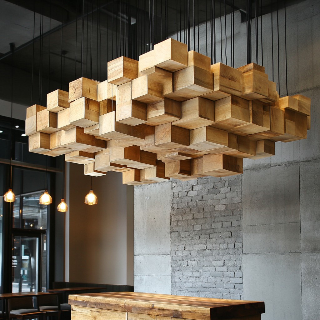 Modern Wooden Ceiling Design with Suspended Blocks