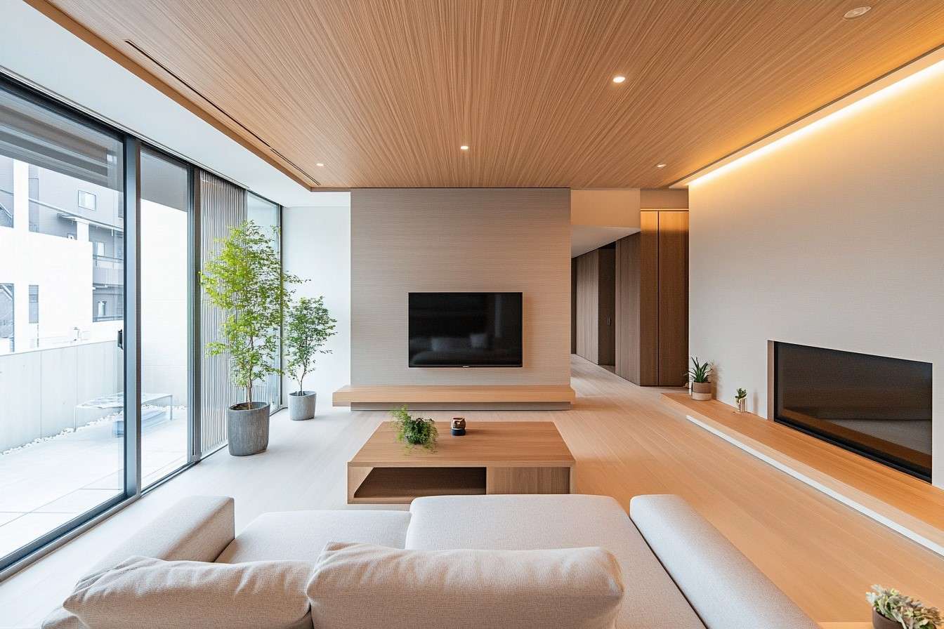 Modern Wooden Panel Ceiling Design for Living Room