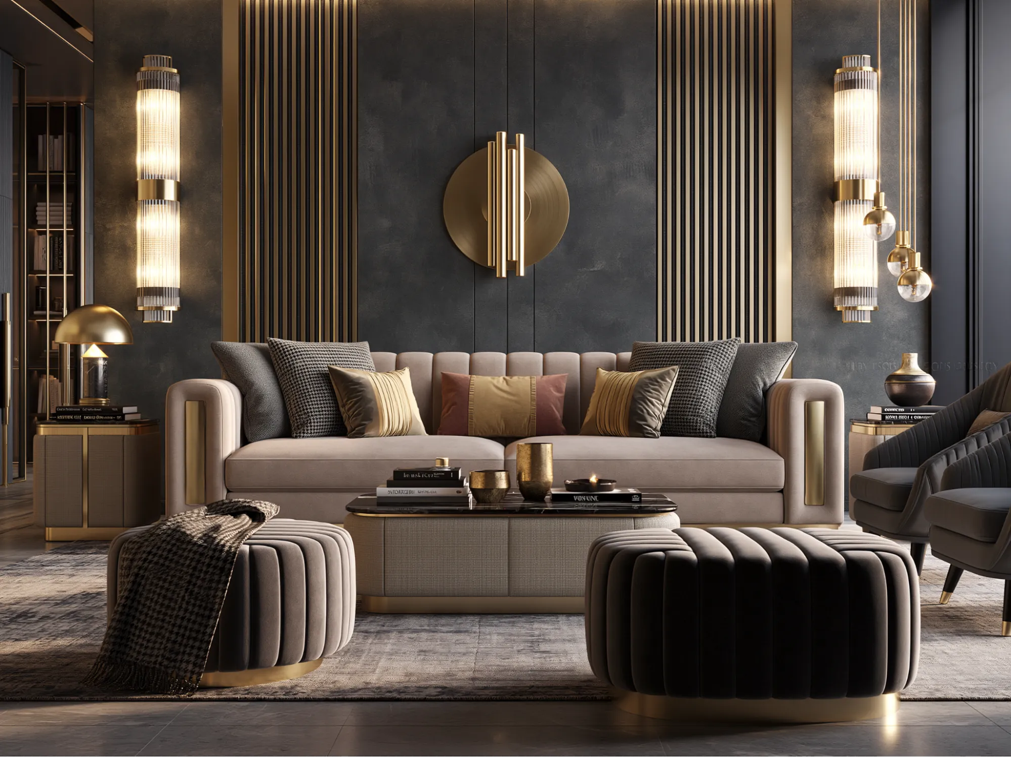Neutral Sofa Colour Combination with Dark Walls