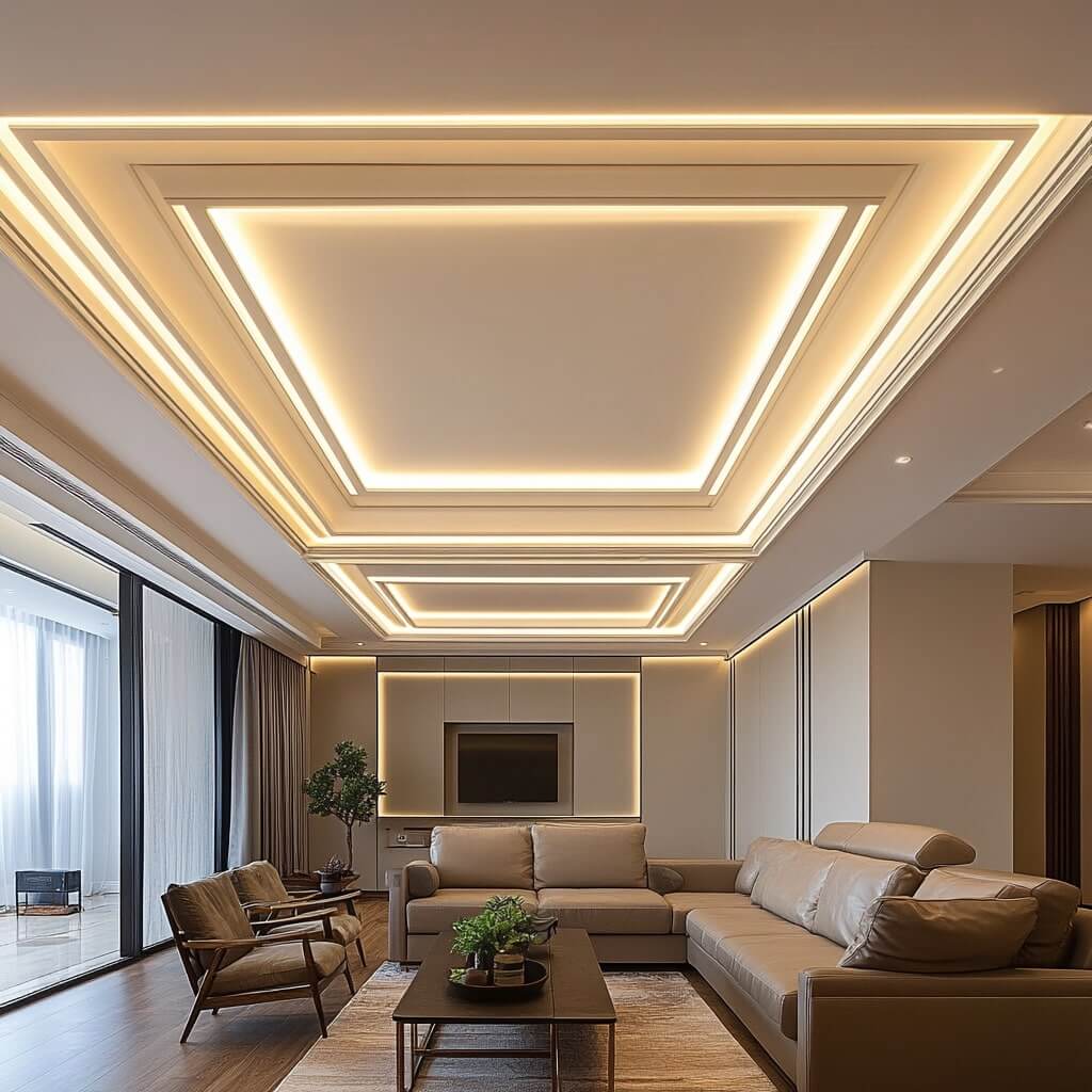 New Modern Multi-layered POP Plus Minus Design with LED Strips for Living Room