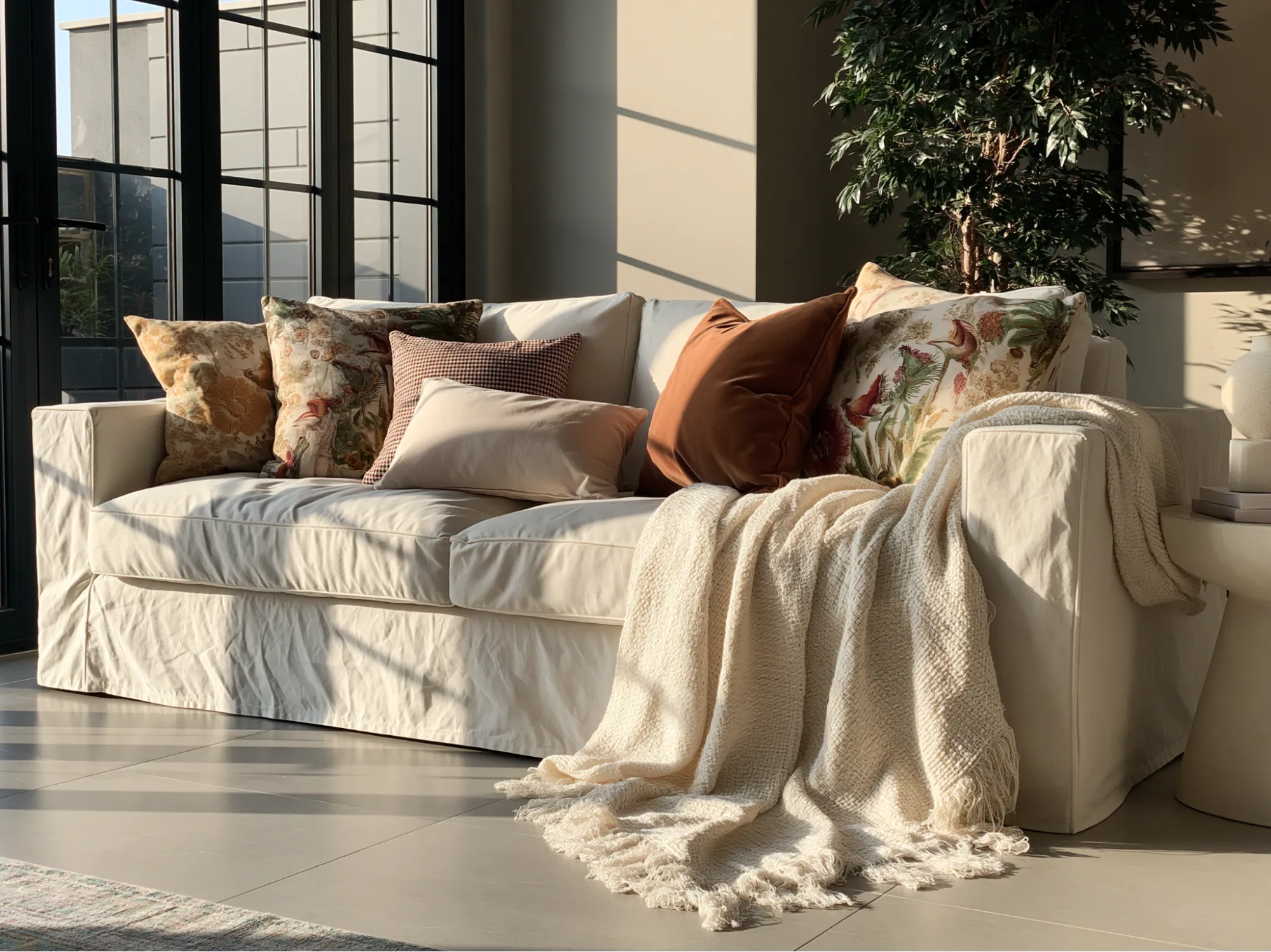 Printed and Plain Sofa Cover Colour Combination