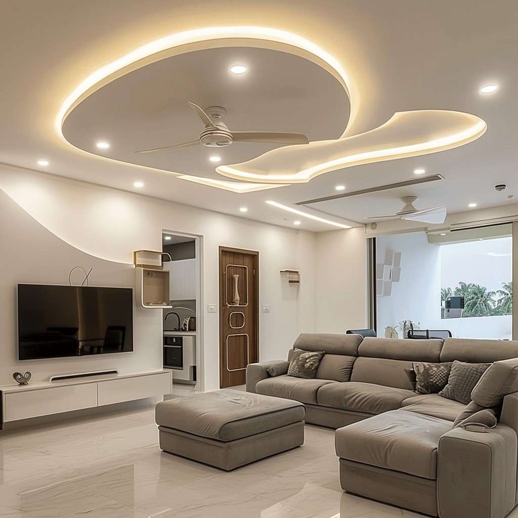 Recessed False Ceiling Design for Hall with Two Fans