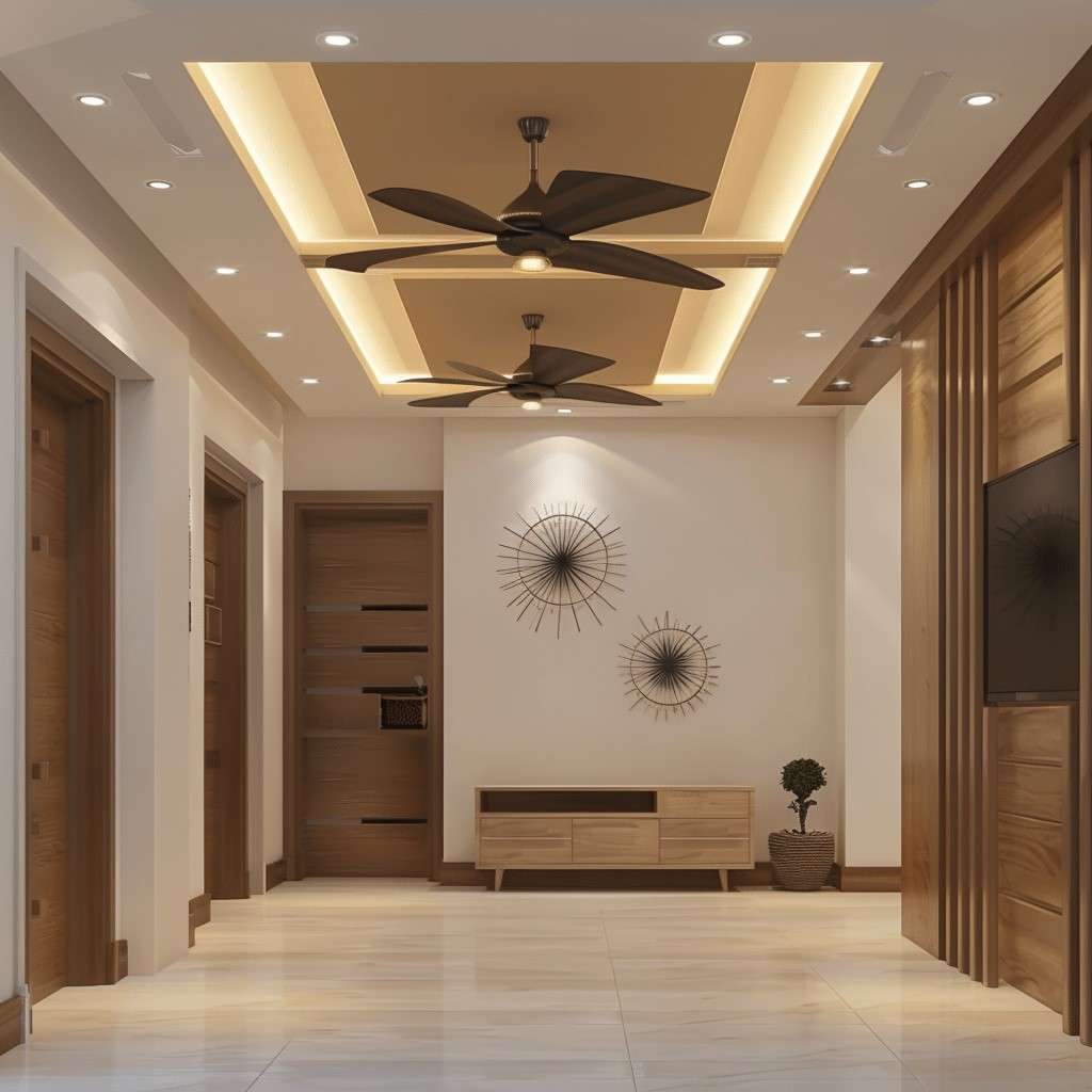 Simple and Charming POP Ceiling Design Hall with Two Fans