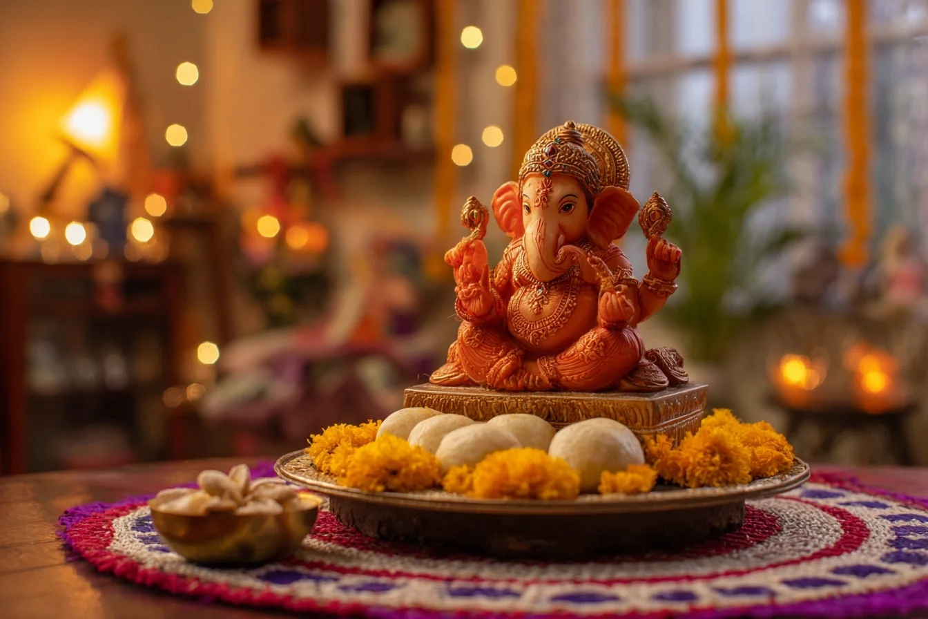 Simple Flower Ganpati Decoration Ideas with Modaks