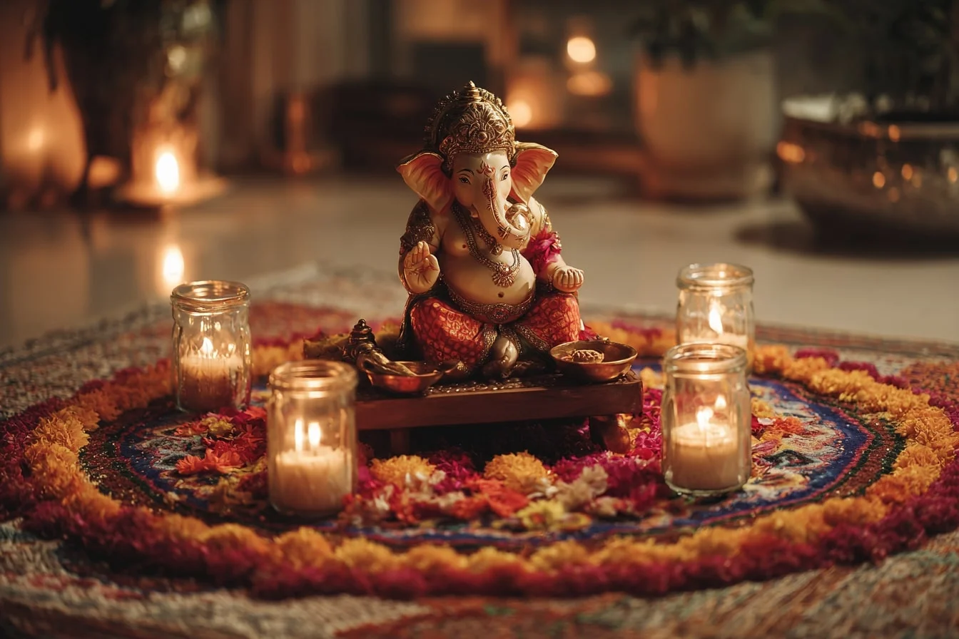 Simple Ganesh Decoration Ideas with Mason Jar Lamps and Rangoli